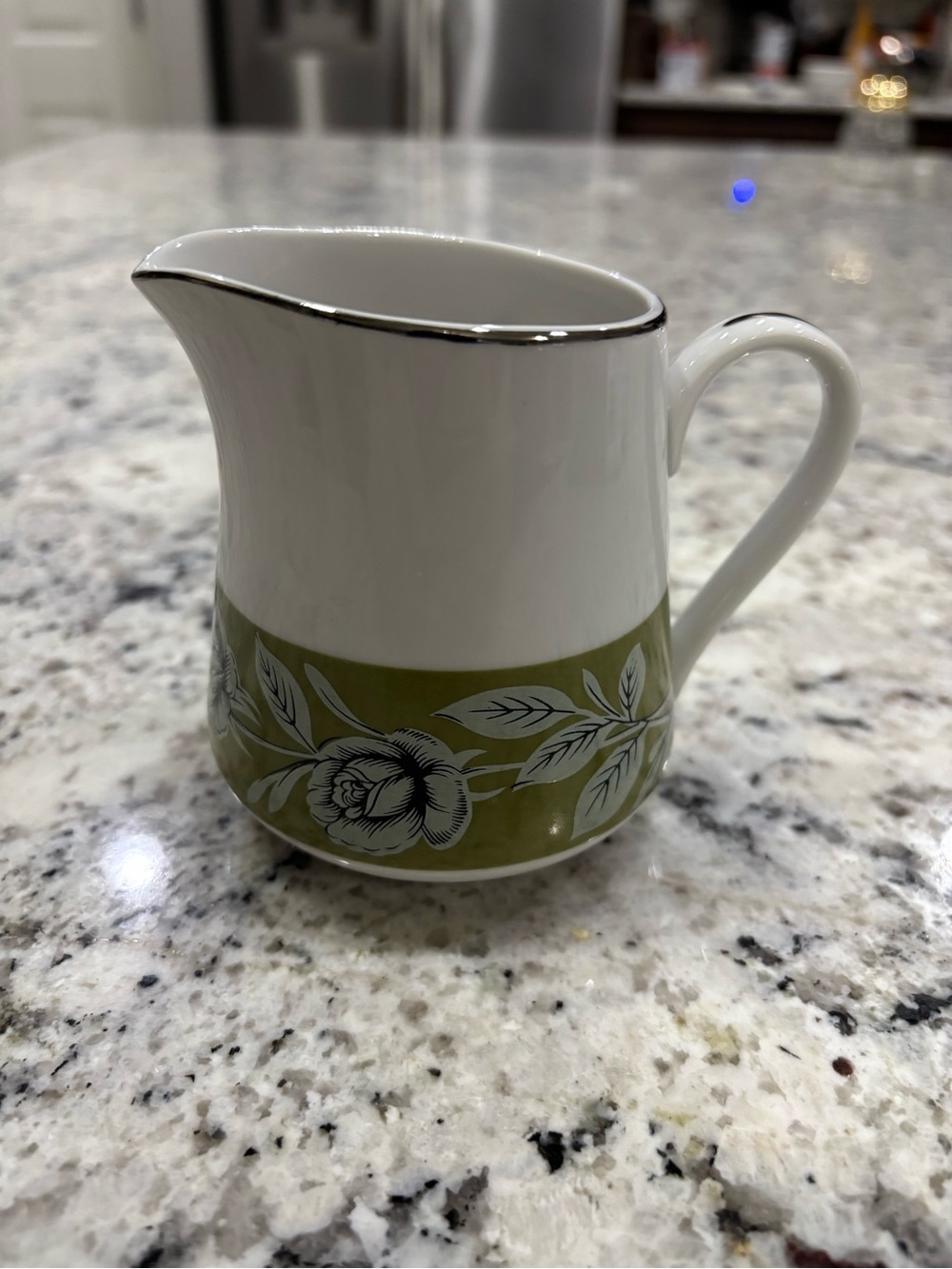 Vintage Fine China Japan avocado/sage, roses,silver trim creamer